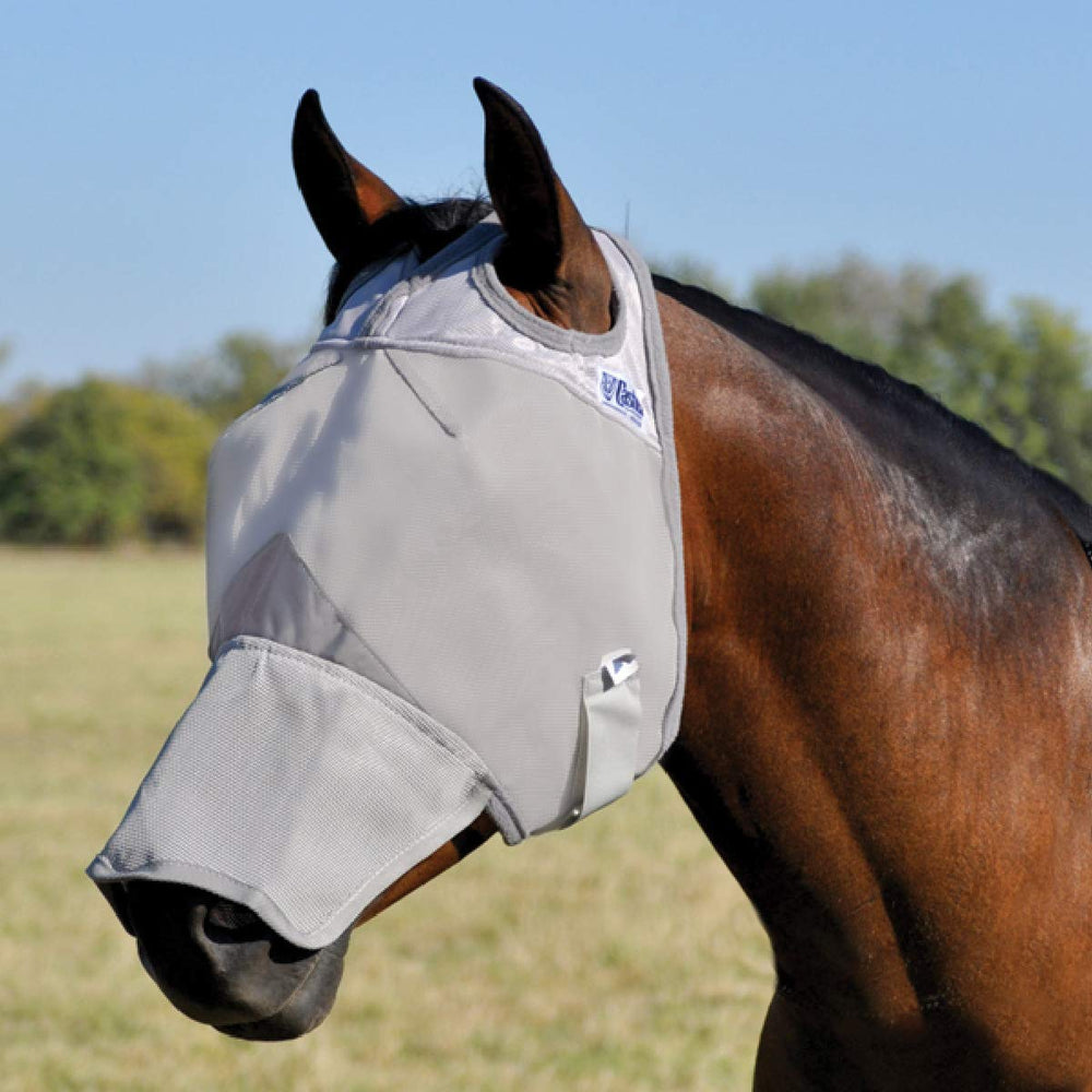 Cashel Crusader fly mask long nose, side view; nose shading for sunny rides.
