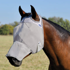 Cashel Crusader fly mask long nose, side view; nose shading for sunny rides.