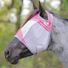 Cashel Crusader pink mask on Arabian horse, forelock-friendly design.