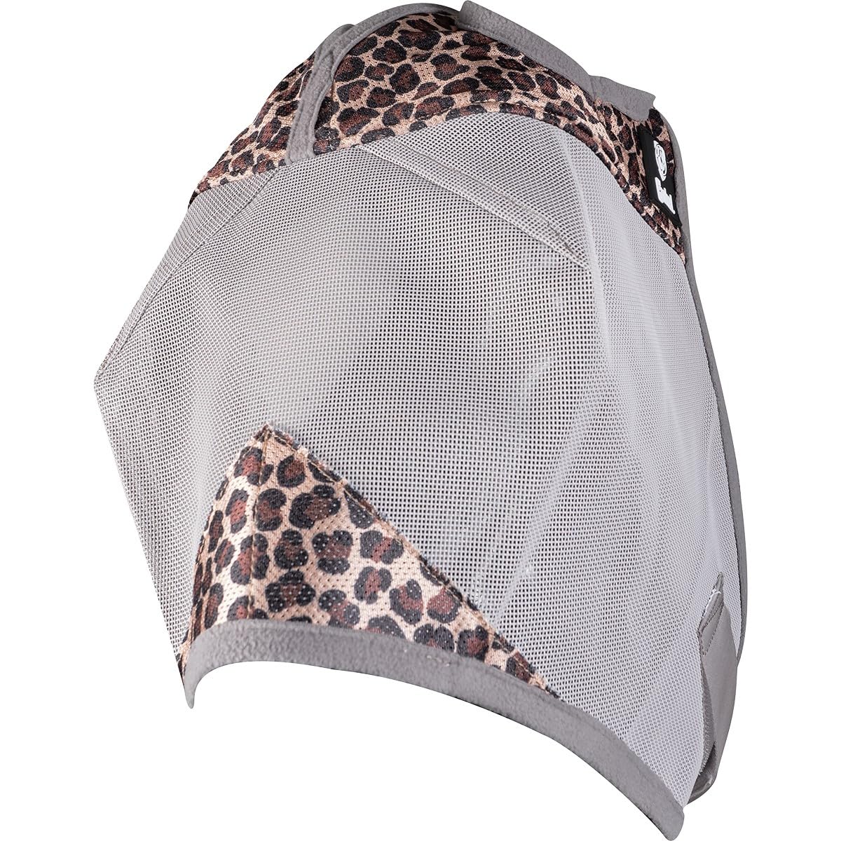 Cashel Crusader fly mask in leopard pattern on a horse, offering comfortable protection.