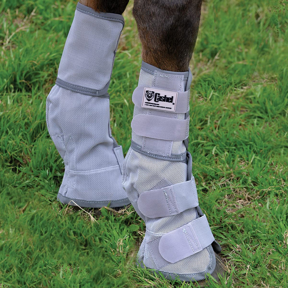 Cashel Crusader leg guards side view showing adjustable hook-and-loop closures for a tailored fit.
