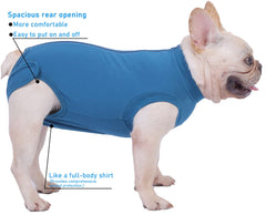 Caslfuca dog recovery suit belly area offers abdominal protection during healing.