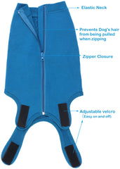 Caslfuca dog recovery suit worn on dog shows comfortable all-day wear.