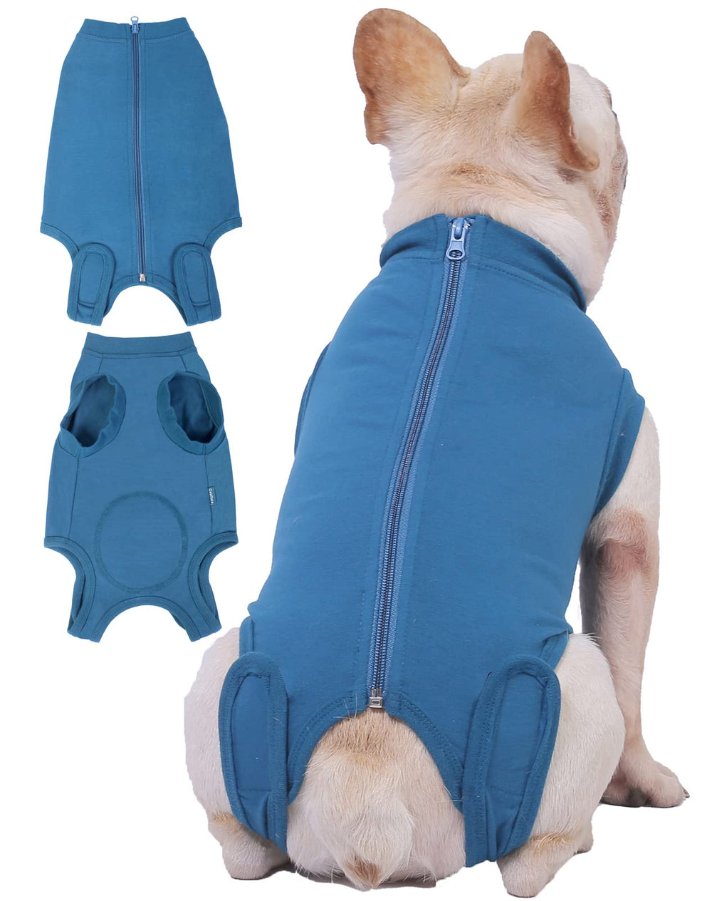 Caslfuca dog recovery suit zipper close-up showing easy-on design for post-surgery care.