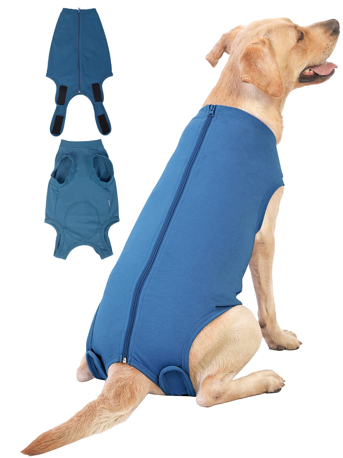 Caslfuca dog surgery recovery suit with back zipper for easy dressing.