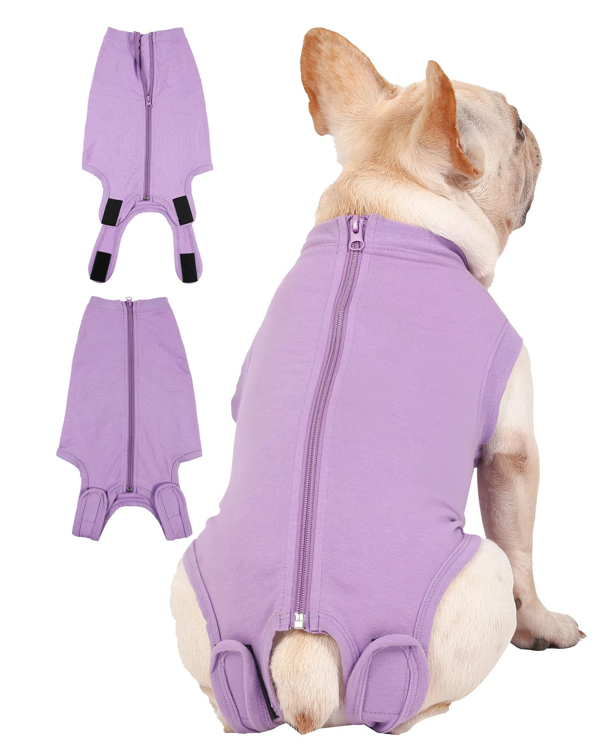 Caslfuca dog recovery suit back zipper for easy dressing.