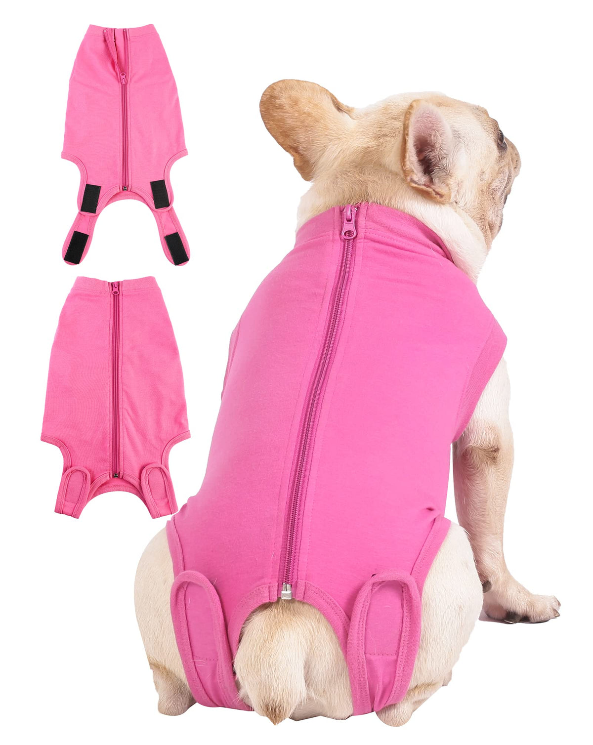 Caslfuca dog recovery suit back zipper eases on/off for post-op comfort.