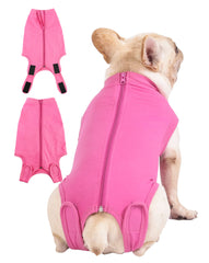 Caslfuca dog recovery suit back zipper eases on/off for post-op comfort.