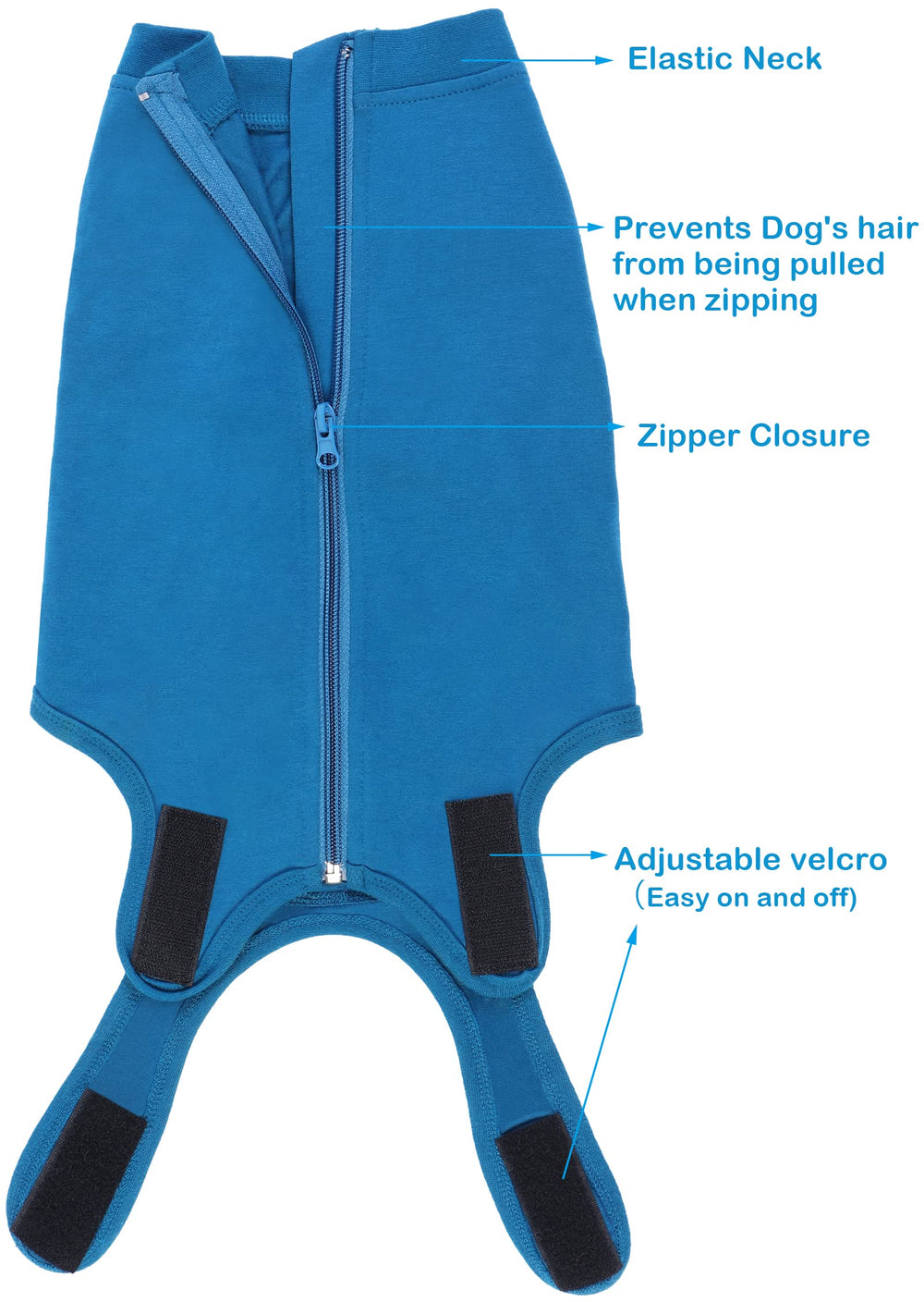 Caslfuca dog surgery recovery suit with urination cutout for convenient bathroom breaks.