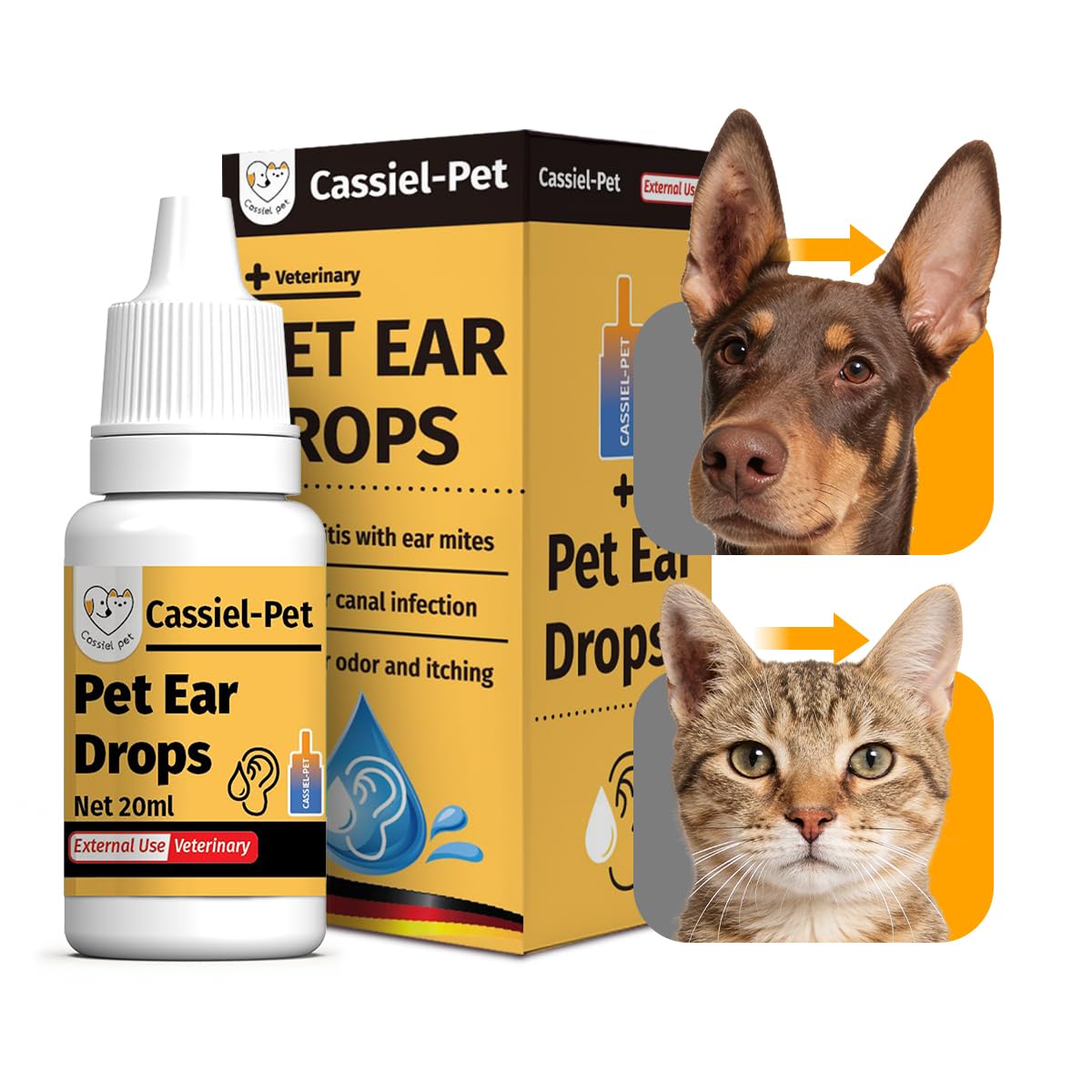 Cassiel pet Ear Drops bottle closeup for gentle, natural ear care
