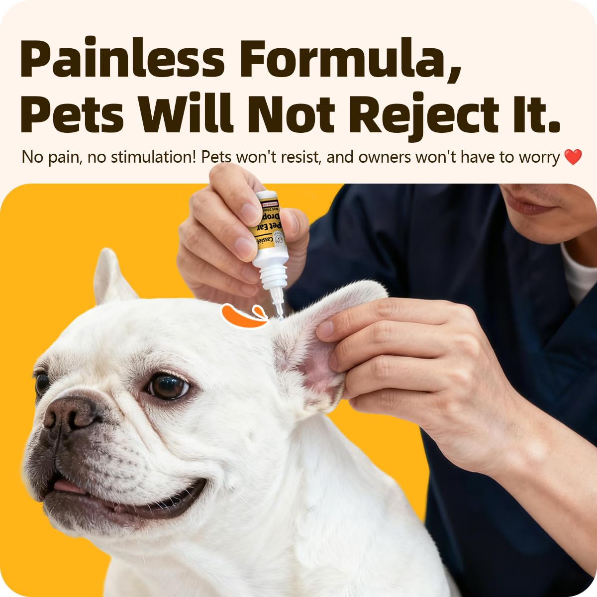 Cassiel pet Ear Drops packaging box shows safety and usage guidance