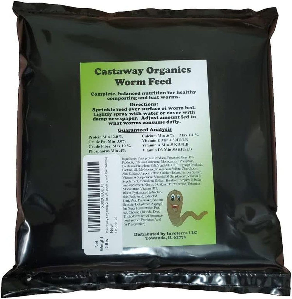 Castaway Organics Worm Food bag showing balanced ingredients for thriving vermicomposting