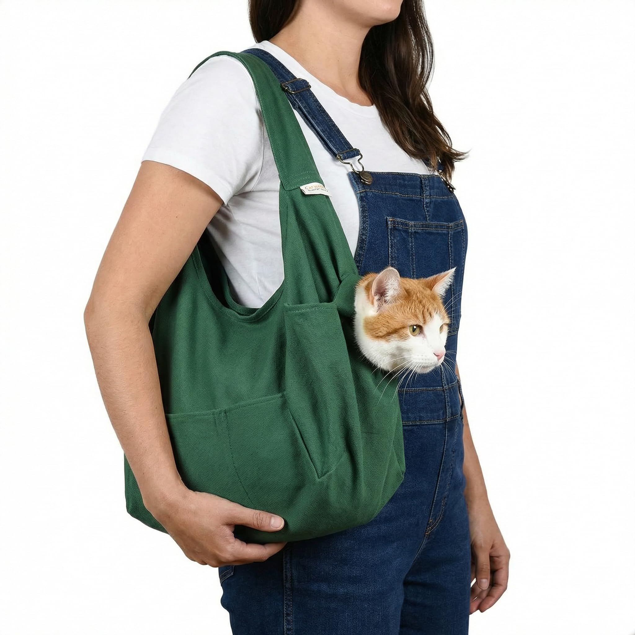 Cat-in-the-Bag Cozy Comfort Carrier in green, front view, roomy space for large cats on trips