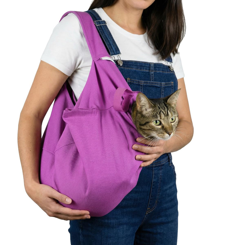 Cat-in-the-Bag Cozy Comfort Carrier lavender, front view, ideal for grooming and travel.