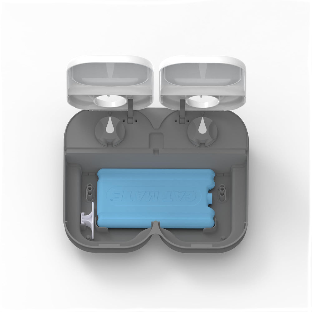 Cat Mate C200 automatic feeder helps maintain routine.