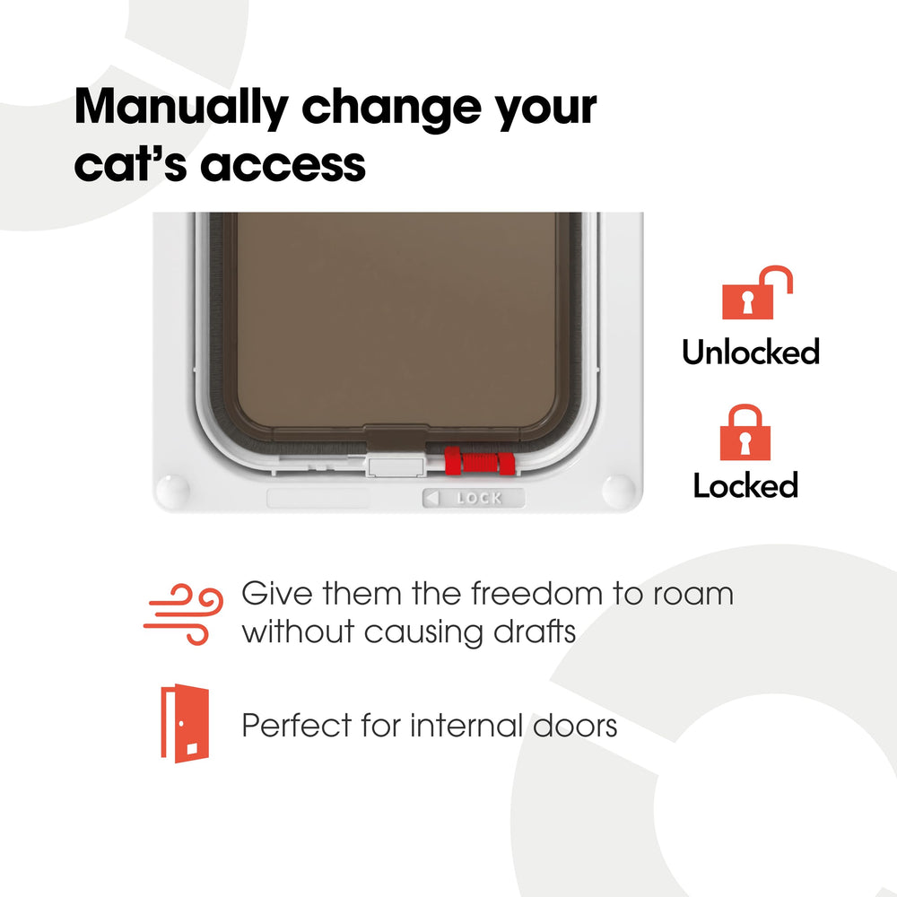 Cat Mate weatherproof brush-sealed flap demonstrates draught protection for indoor doorways.