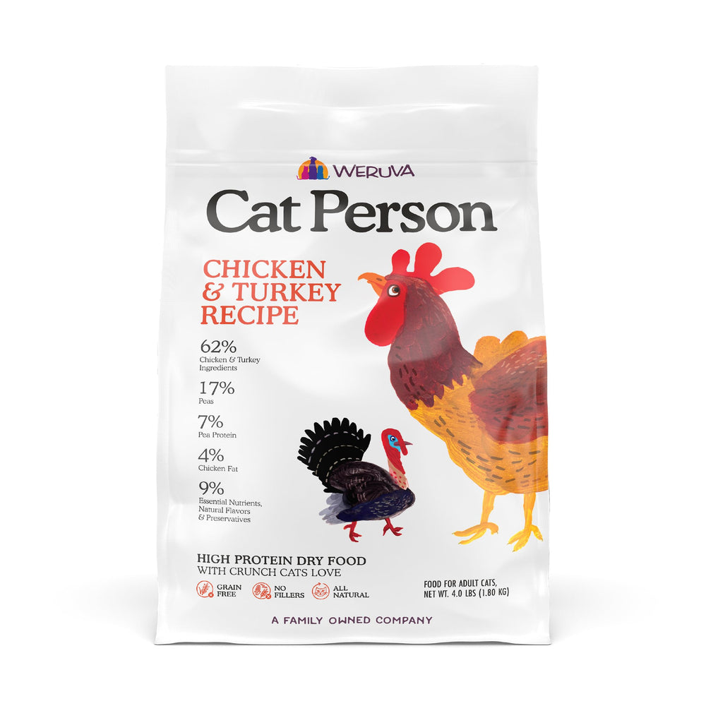 Cat Person chicken and turkey dry cat food 4lb bag front, protein-rich recipe for lean energy