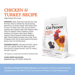 Packaging label detail for Cat Person dry food highlighting quality ingredients
