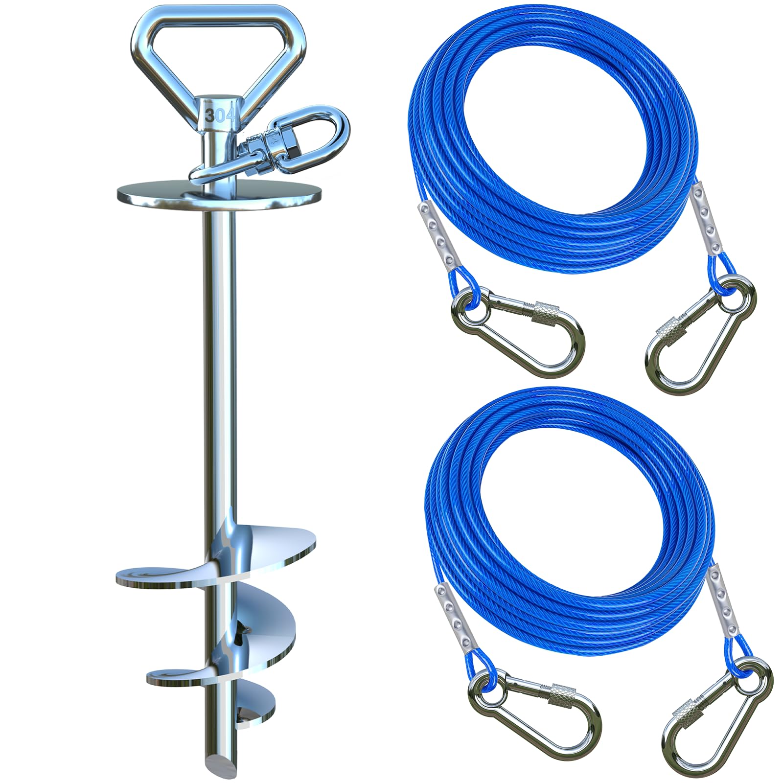 Catapamey dog tie out stake securely anchored in ground for yard safety.