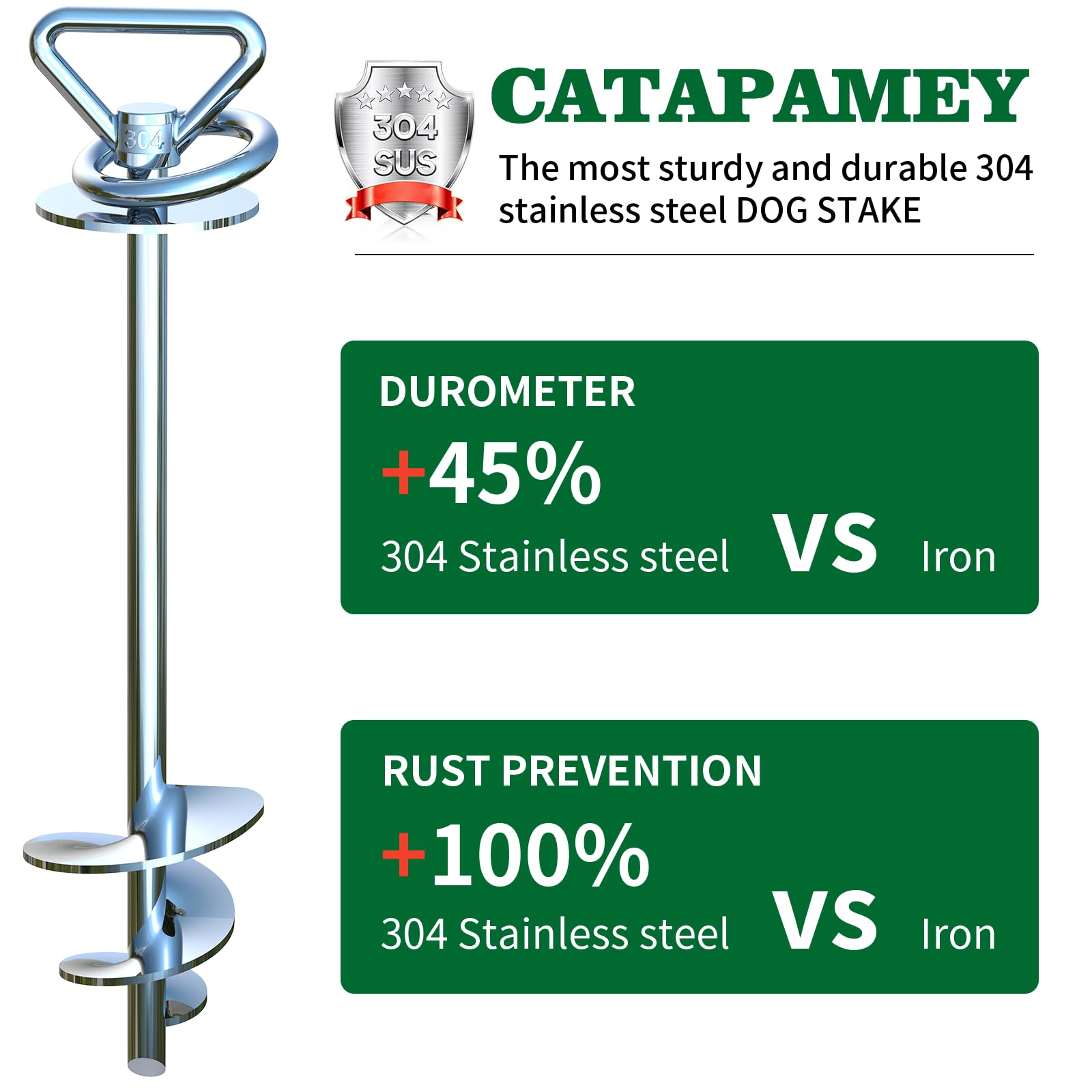 Catapamey stainless steel ground stake shown for rust resistant durability in outdoors
