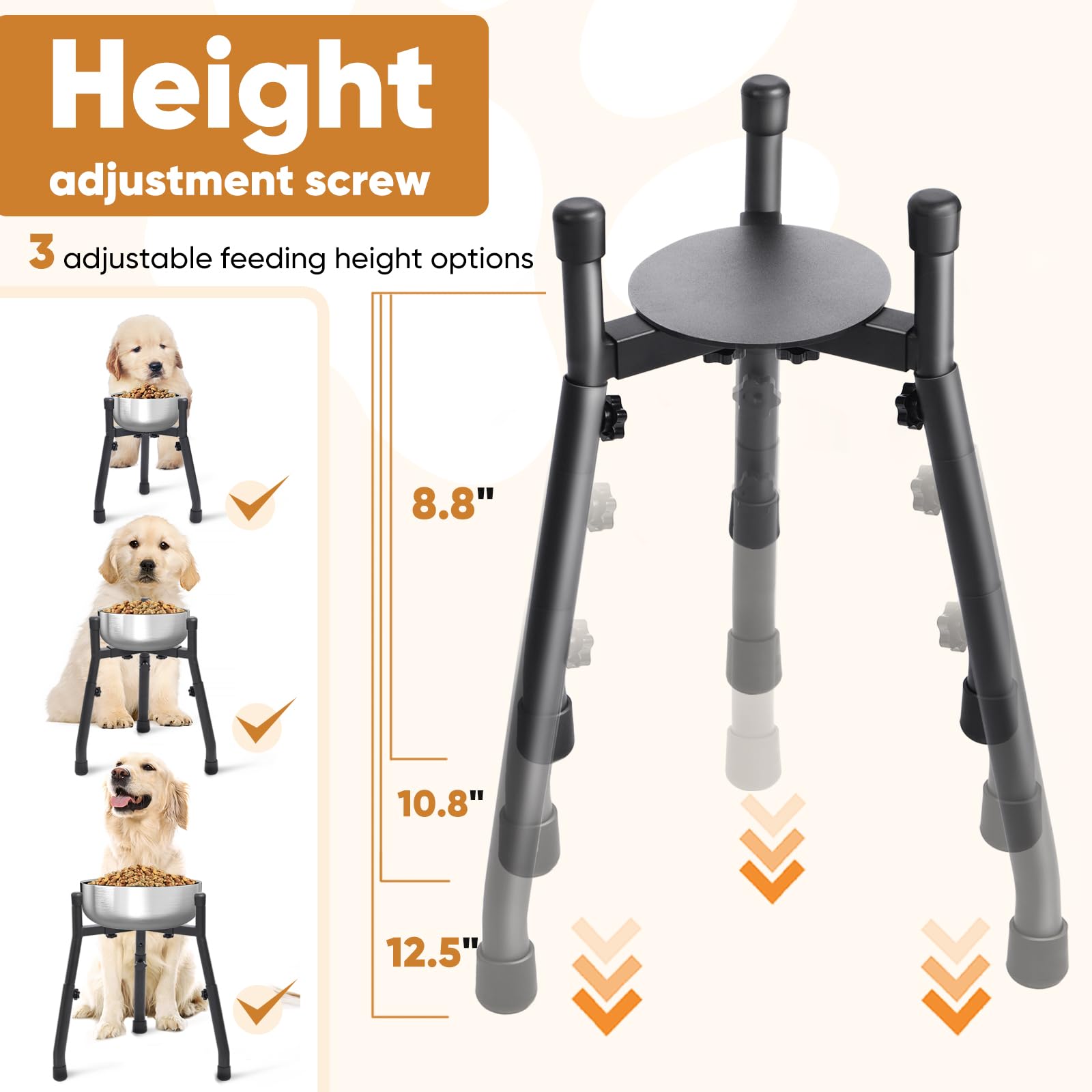 CatAve silent dog bowl stand with rubber feet reduces meal-time noise.