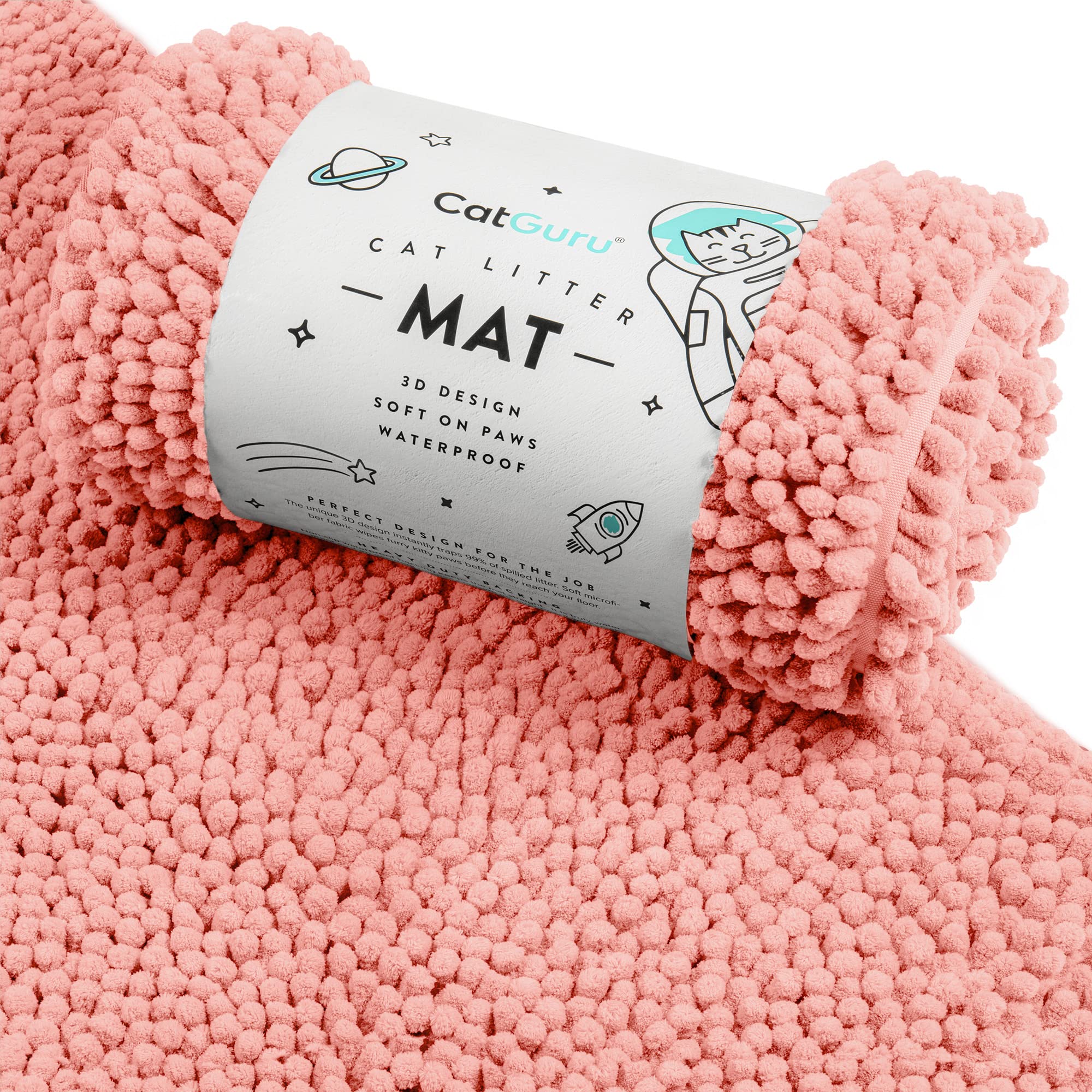 CatGuru Litter Mat XL coral with 3D design traps litter and protects floors.
