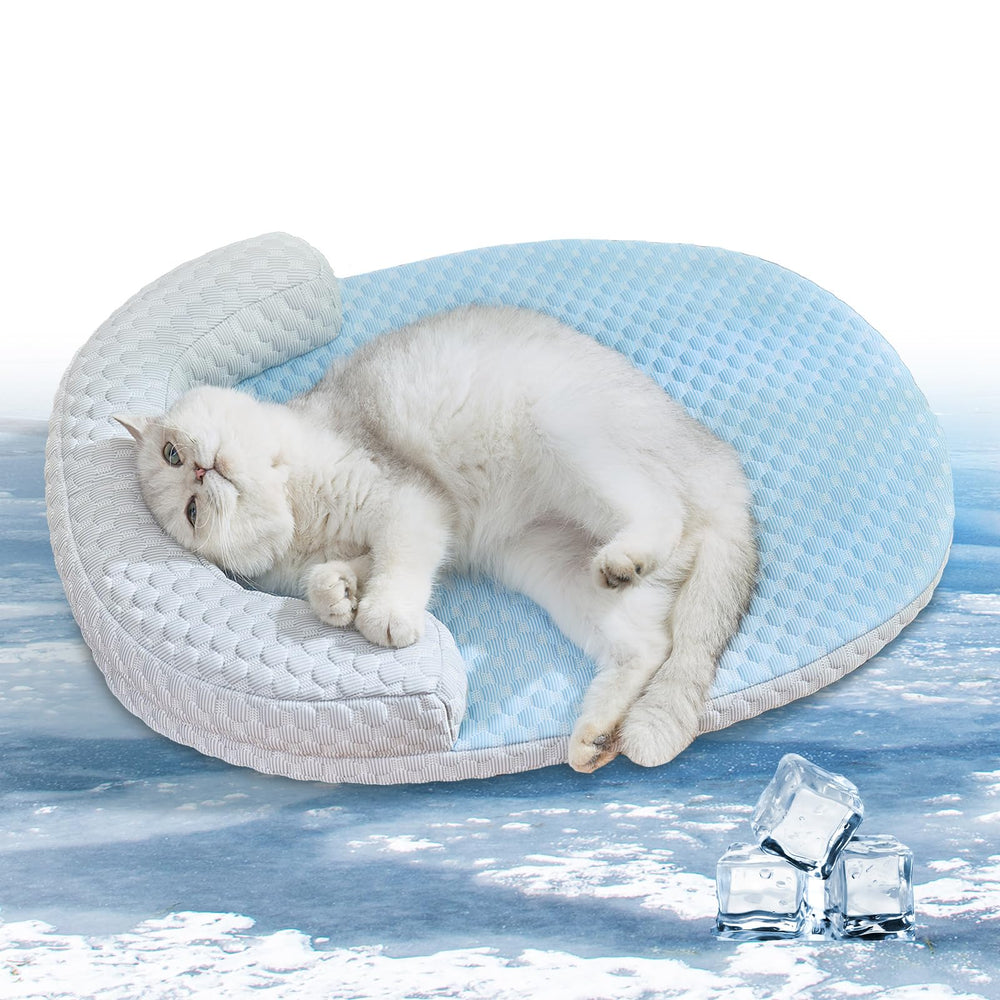 CATISM cooling mat features a U-shaped pillow supporting neck and head for comfy lounging.
