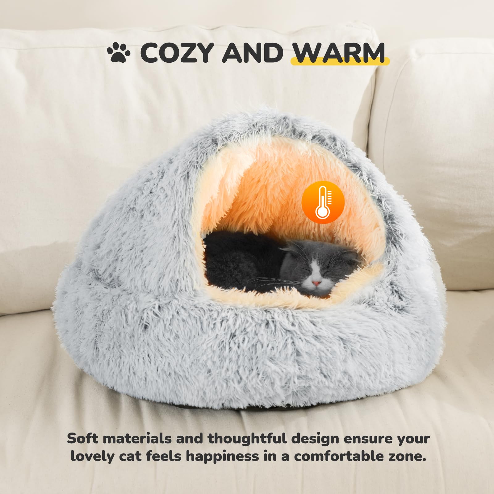 CATISM Round donut hooded bed creates a snug hideaway for furry friends.