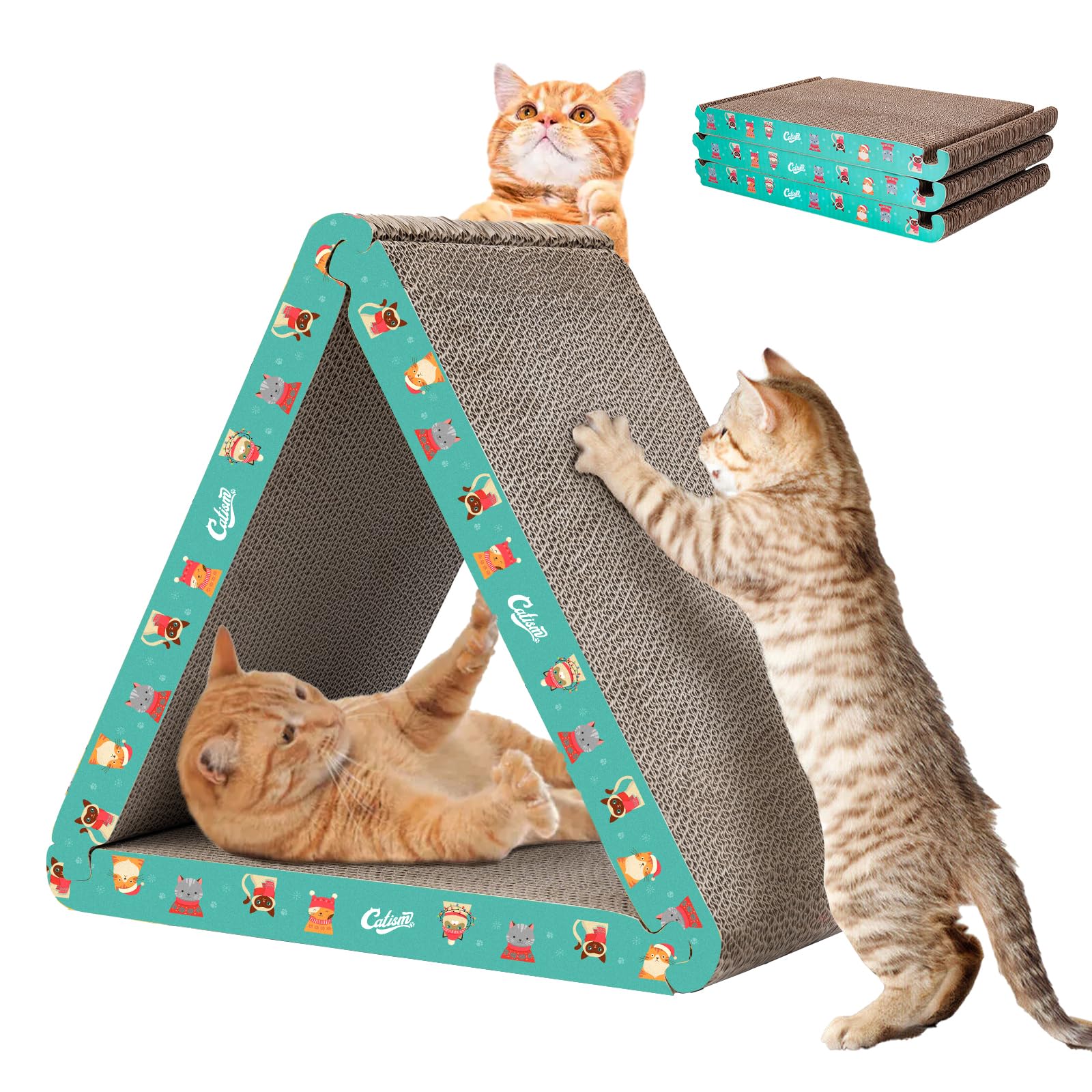 CATISM triangle scratchboard, assembly view, durable multi-sided surface for indoor cats.