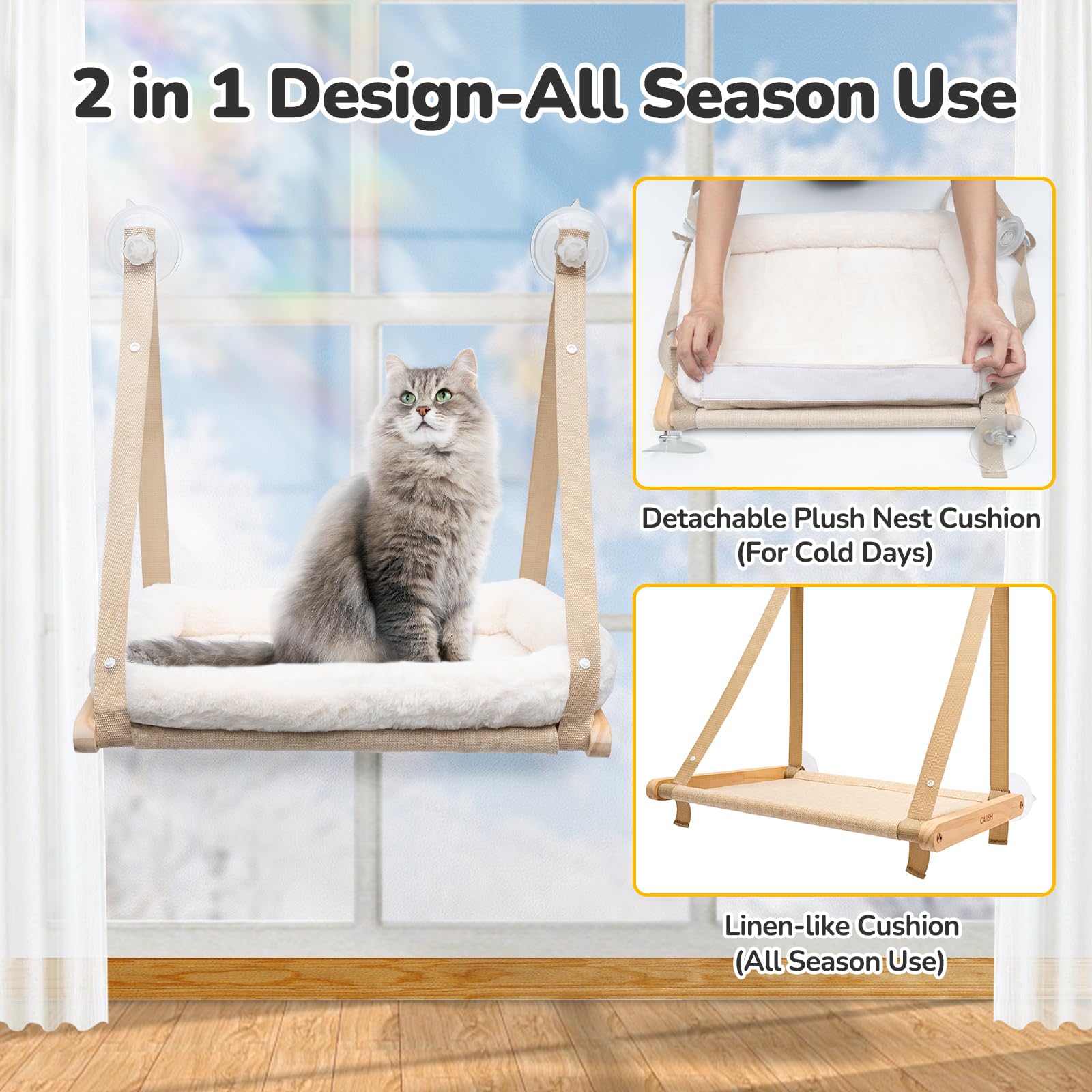 Catism Wooden Cat Hammock provides a sturdy sunlit spot on your window.