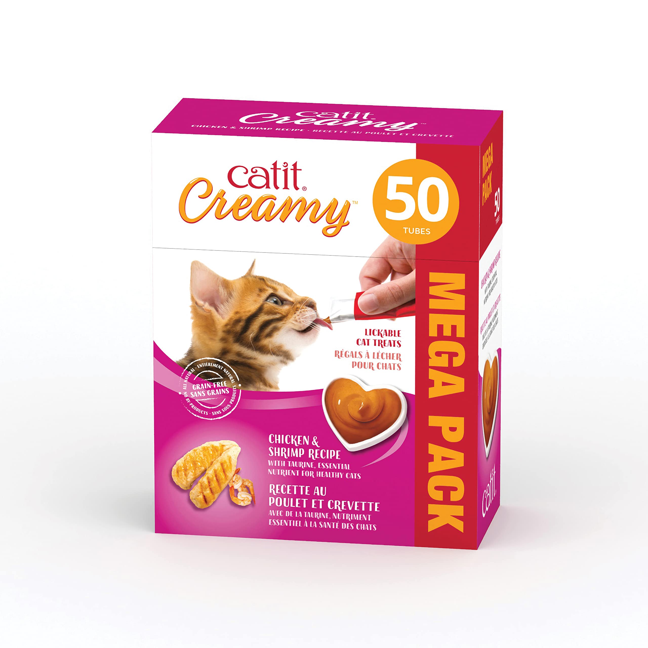 Catit Creamy lickable treat tubes with chicken and shrimp offer a tasty reward.