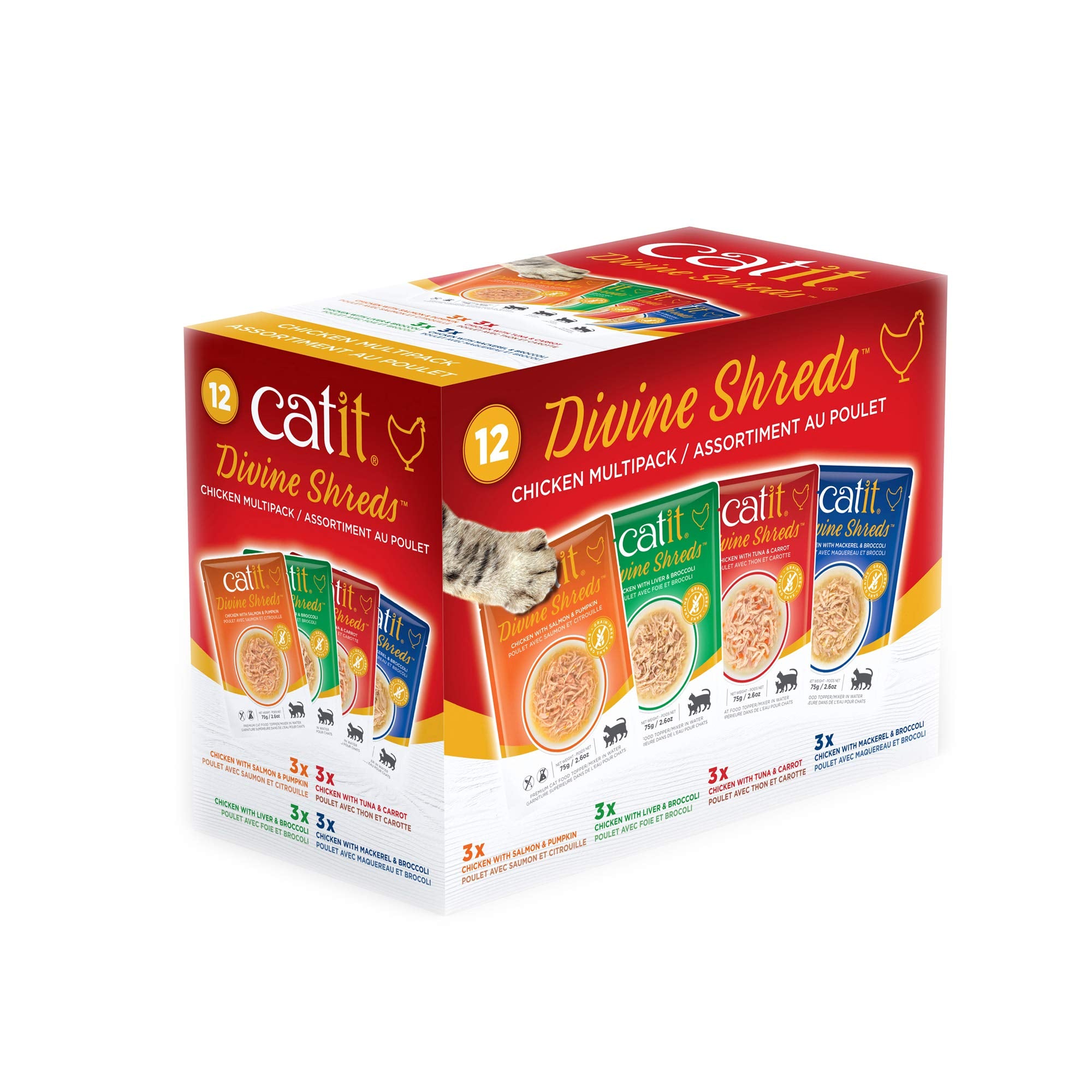 Catit Divine Shreds Chicken-Salmon-Pumpkin pouch enhances kibble moisture and flavor