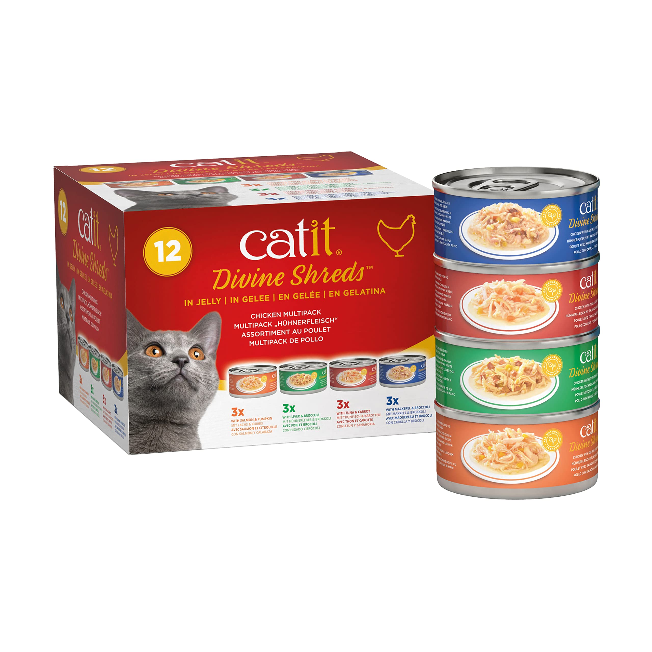 Catit Divine Shreds in Jelly can, moisture-rich topper to boost dry kibble flavor