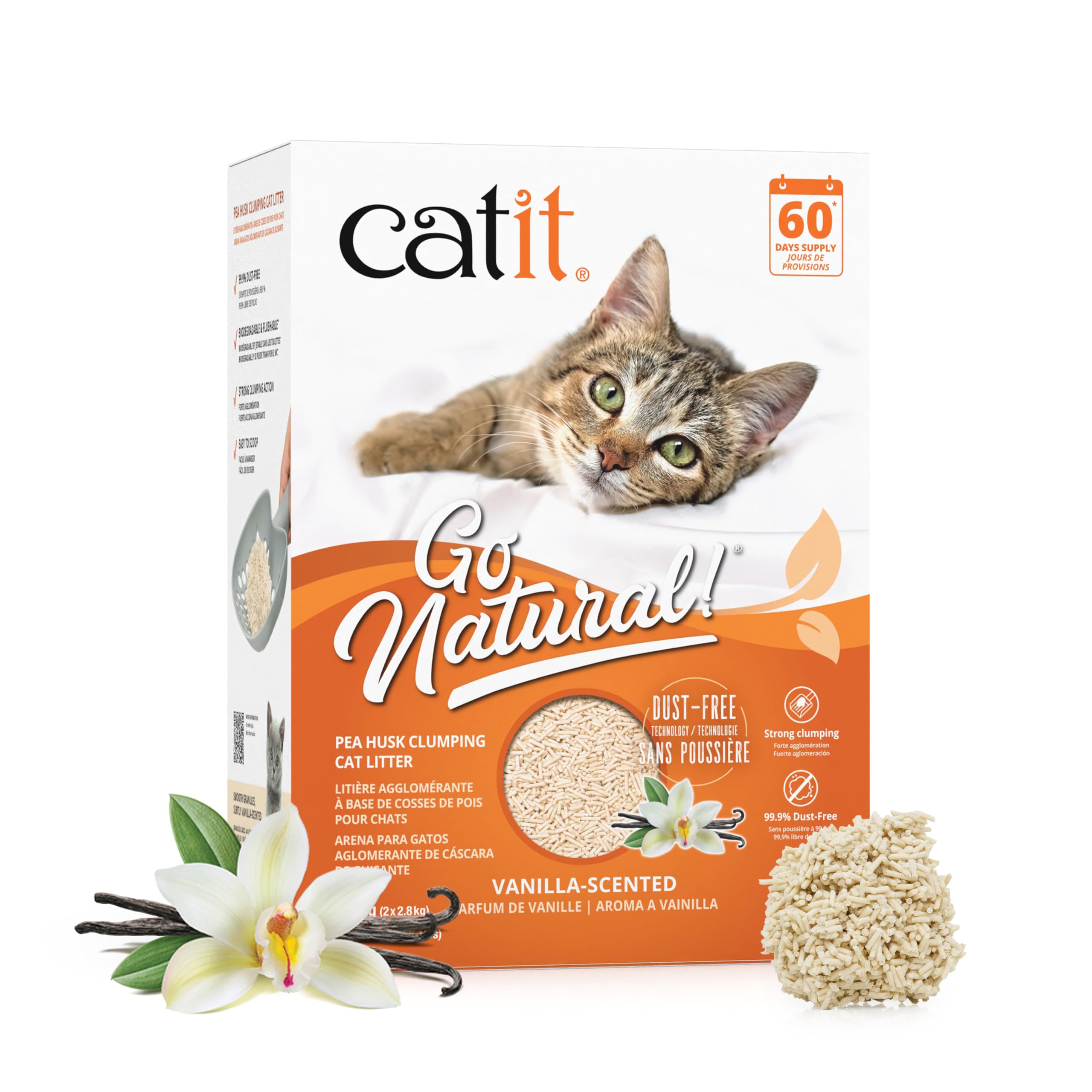 Catit Go Natural pea husk litter pack shows a natural, low-dust solution for homes.