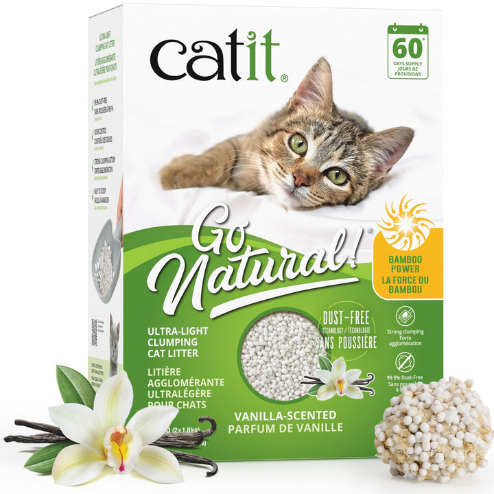 Catit Go Natural bamboo pellets for soft-paw litter comfort.