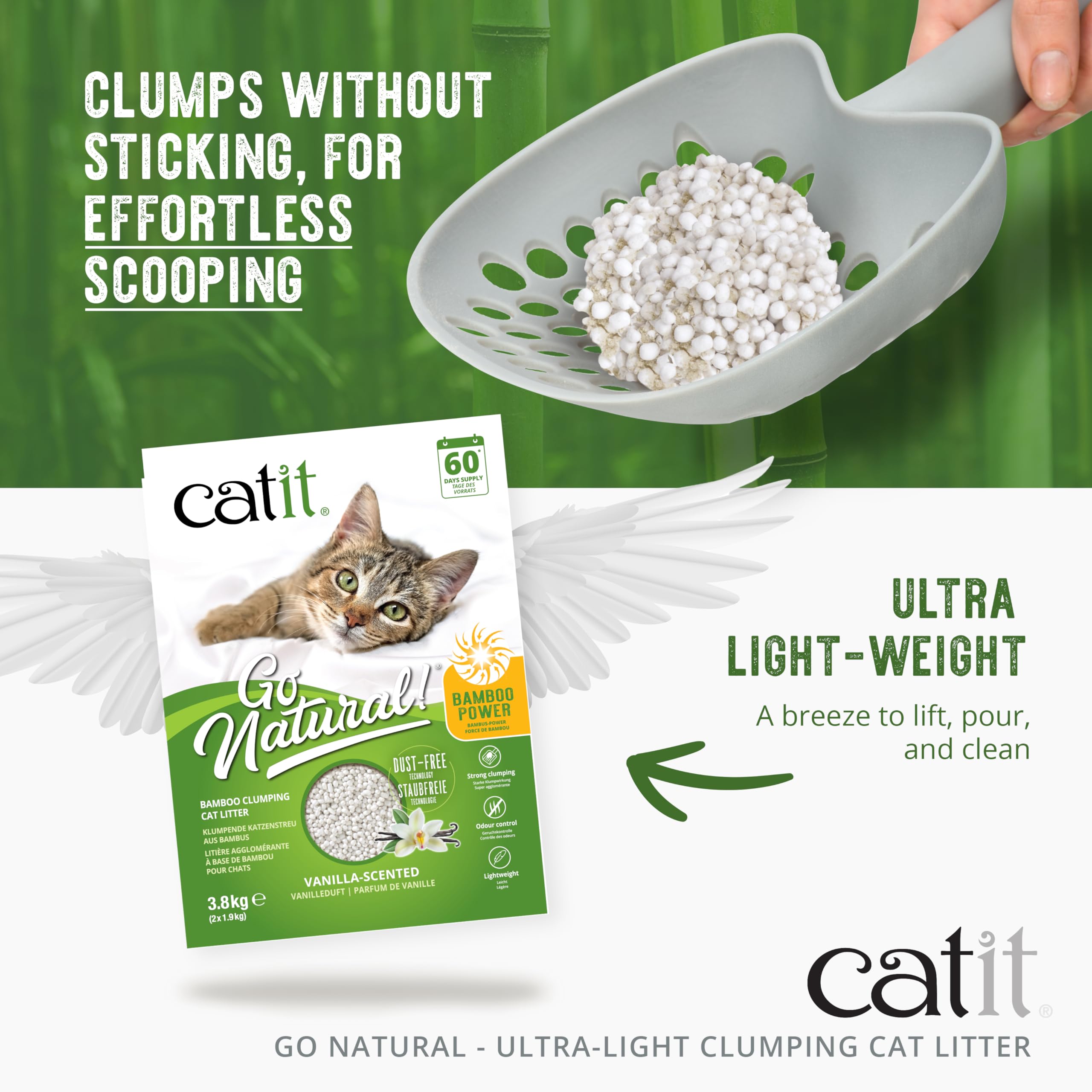 Catit Go Natural forms easy-to-scoop clumps for quick cleanup.