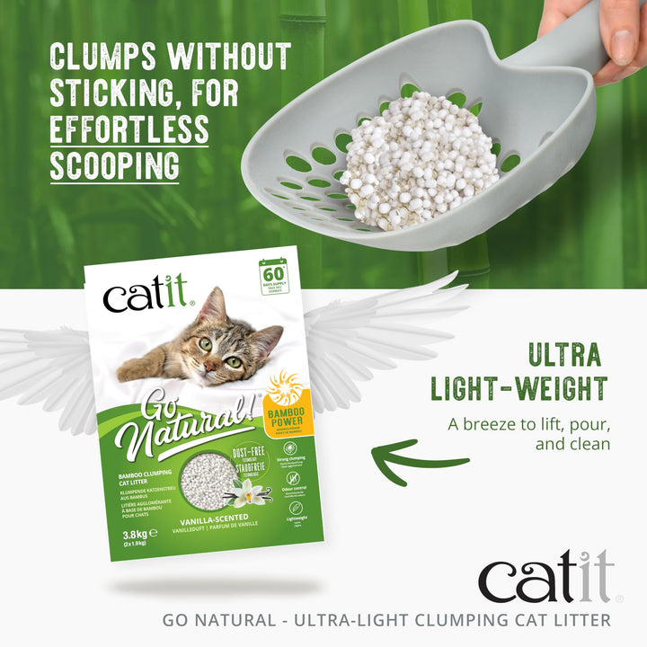 Catit Go Natural forms easy-to-scoop clumps for quick cleanup.