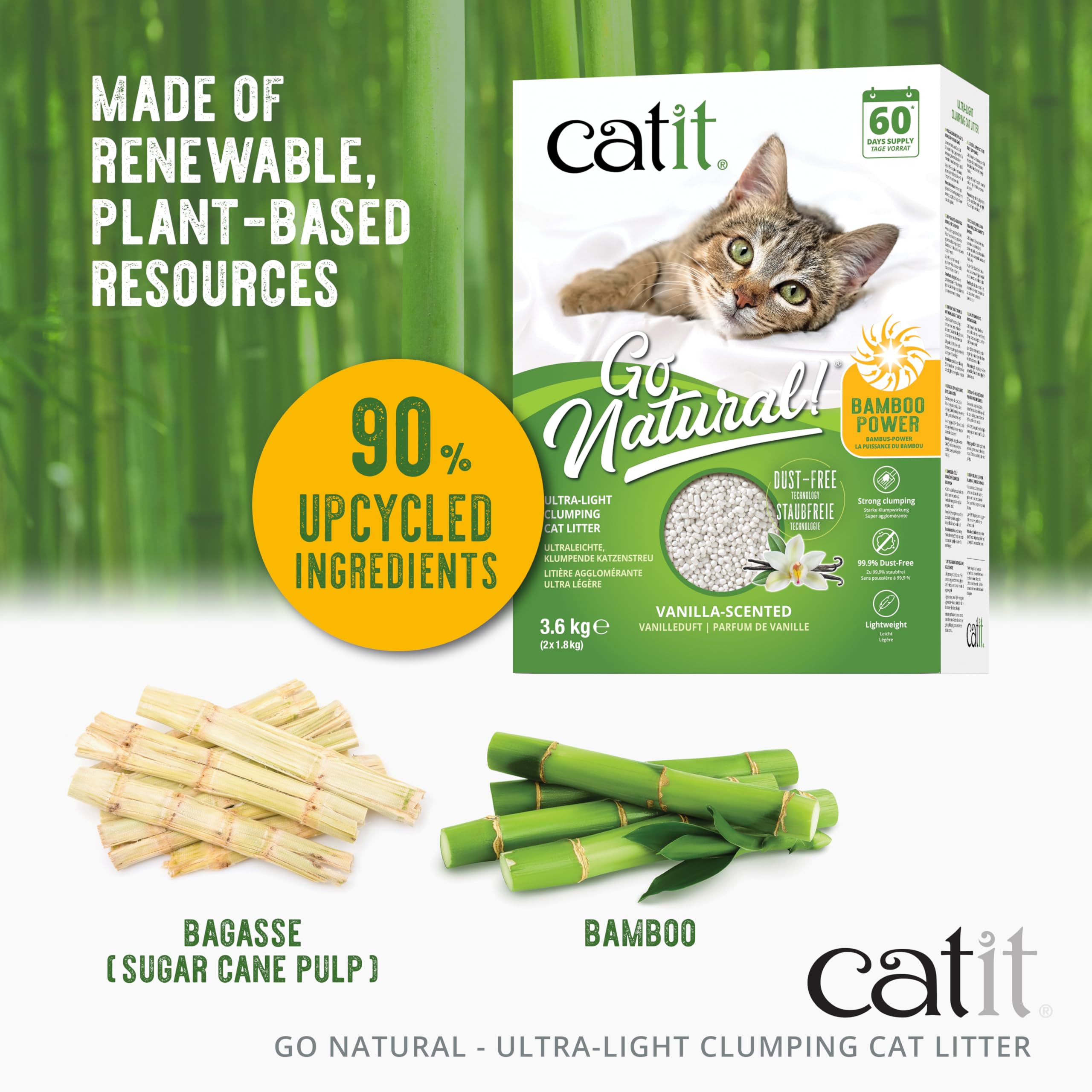 Catit Go Natural vanilla scent deodorizes while keeping litter fresh.