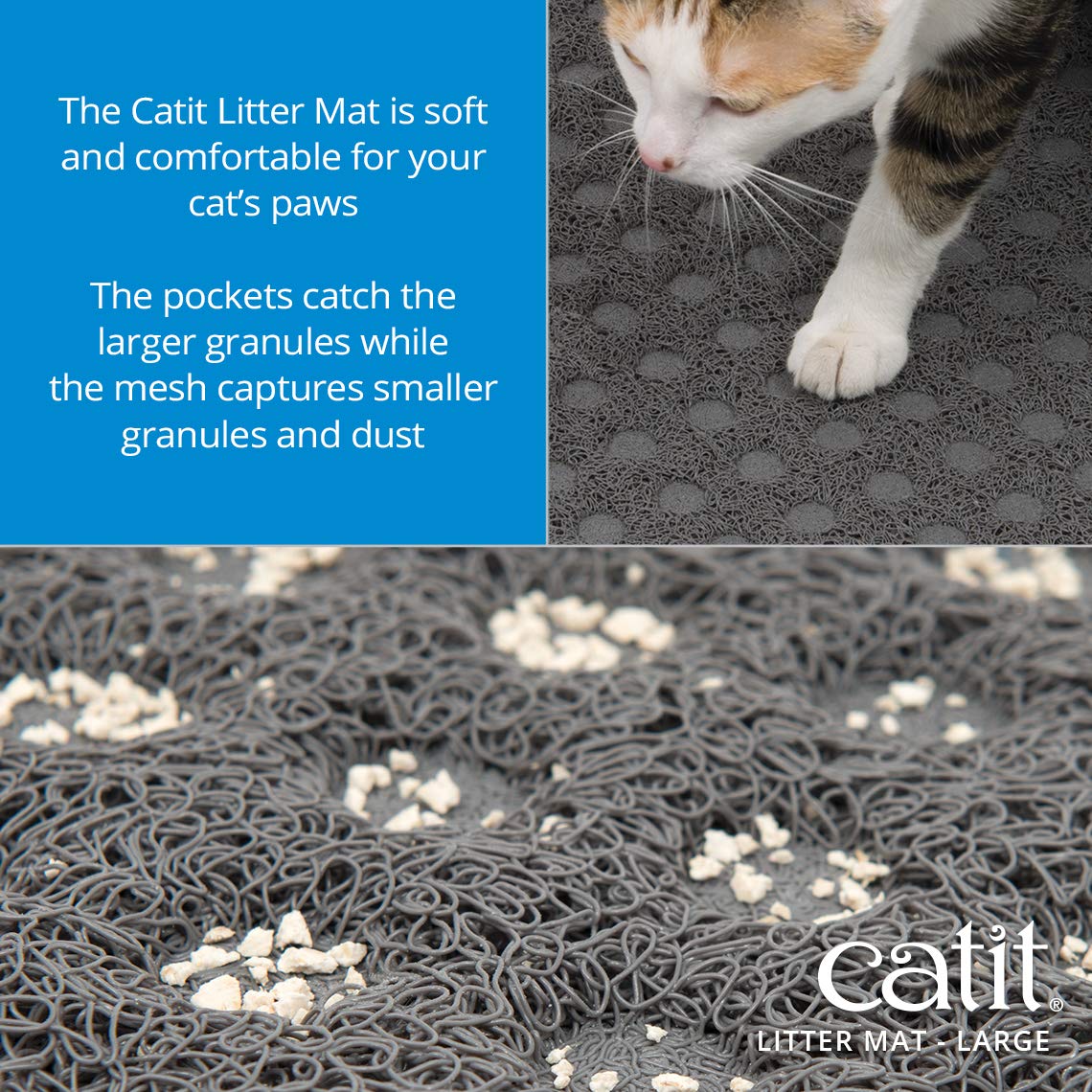 Catit Large Cat Litter Mat non-slip backing keeps in place in front of the box.