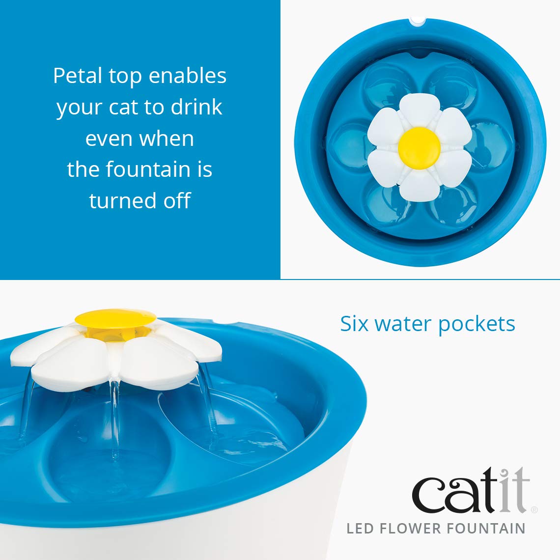 Catit LED Flower Fountain shows water level with LED nightlight