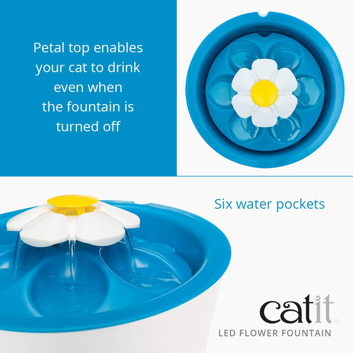 Catit LED Flower Fountain shows water level with LED nightlight