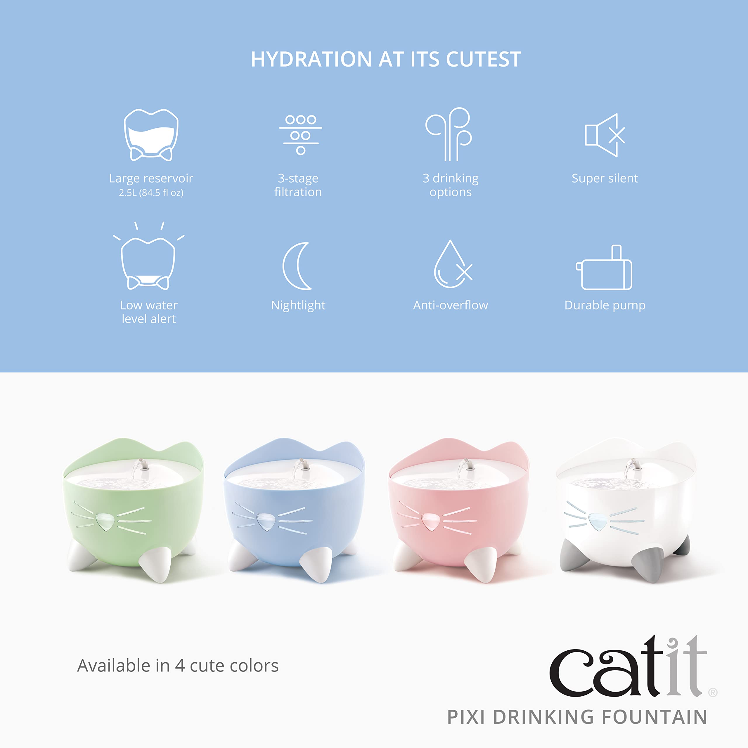 Catit PIXI flow options show calm flow, stream, and bubbles for picky drinkers.