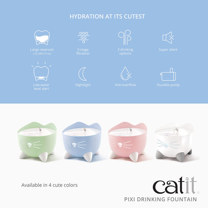 Catit PIXI flow options show calm flow, stream, and bubbles for picky drinkers.