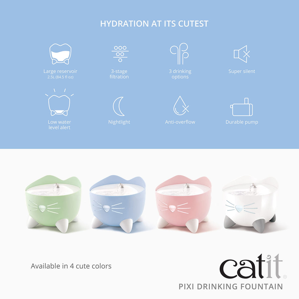 Catit PIXI flow options show calm flow, stream, and bubbles for picky drinkers.