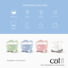 Catit PIXI flow options show calm flow, stream, and bubbles for picky drinkers.