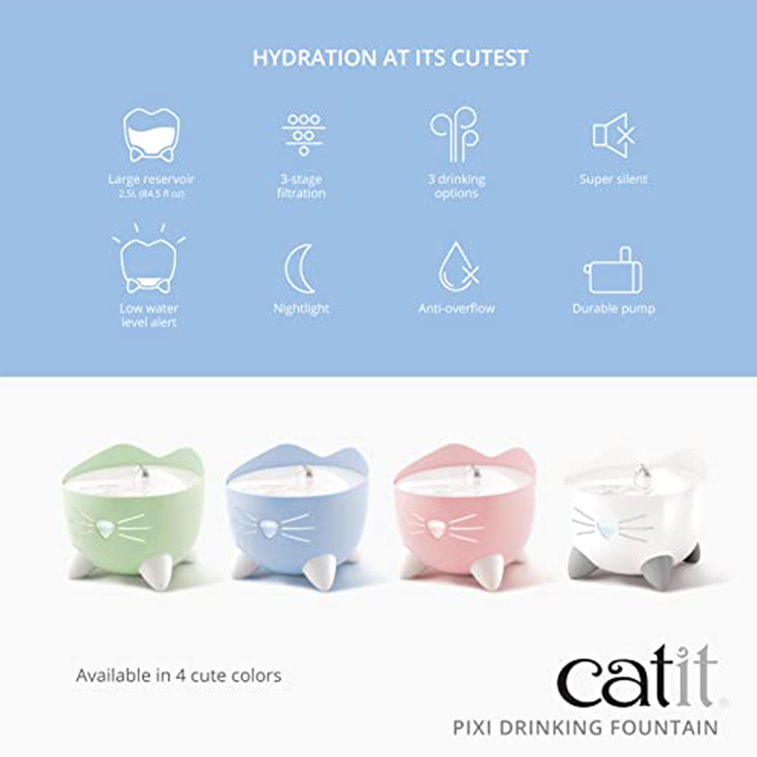 Catit PIXI fountain side view highlighting ergonomic arch spout.