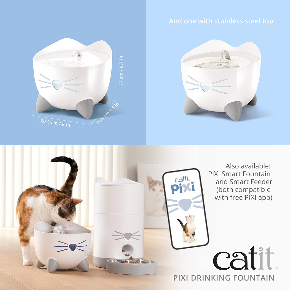 Catit PIXI three-step filter system cleans water in three ways.