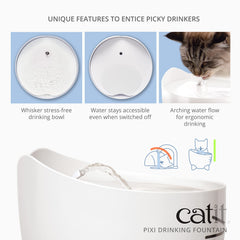 Catit PIXI wide, shallow drinking surface reduces whisker pressure.