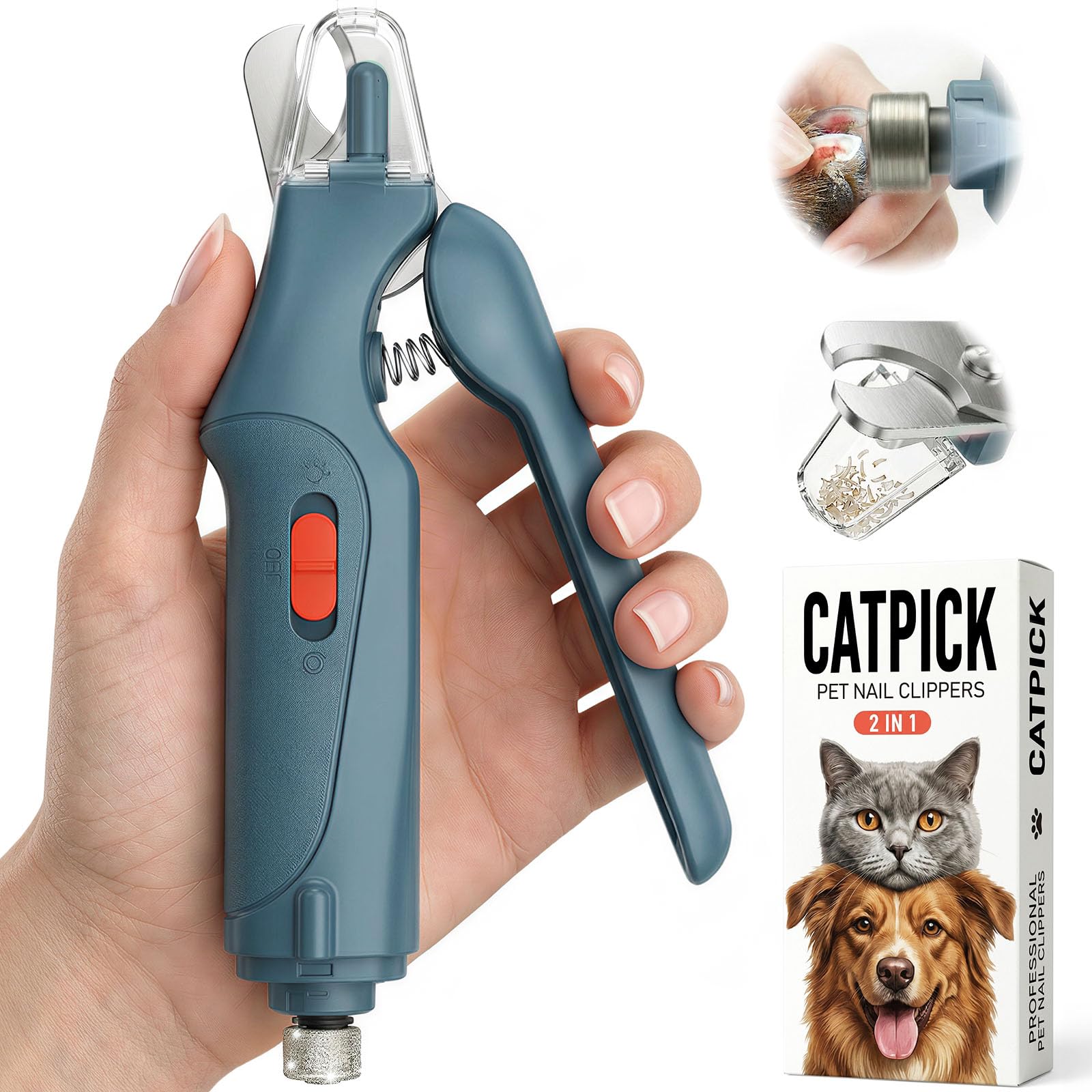 CATPICK 2-in-1 nail clipper and grinder, front view, for precise trimming.