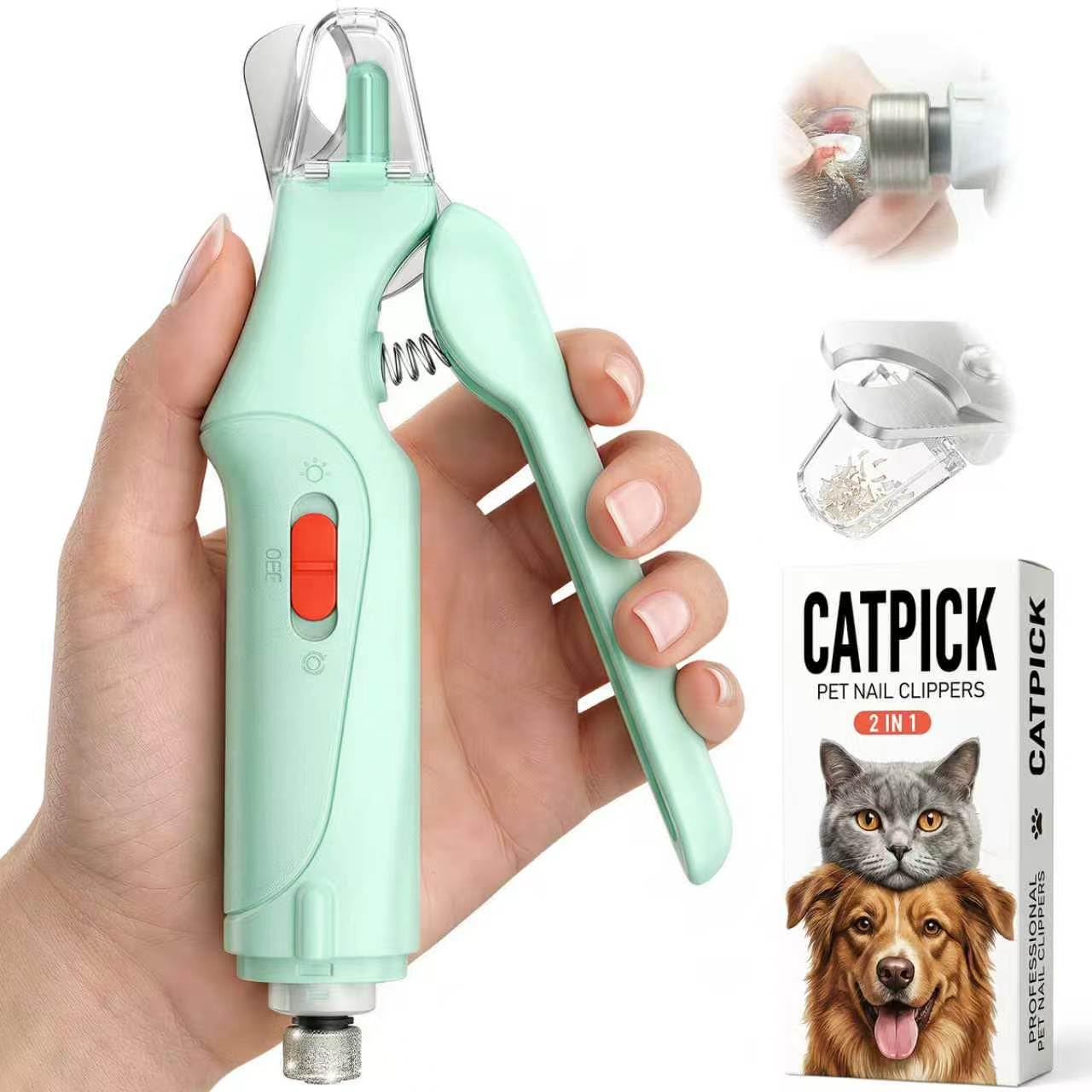 CATPICK 2-in-1 nail clipper front view with LED light for precise trimming.